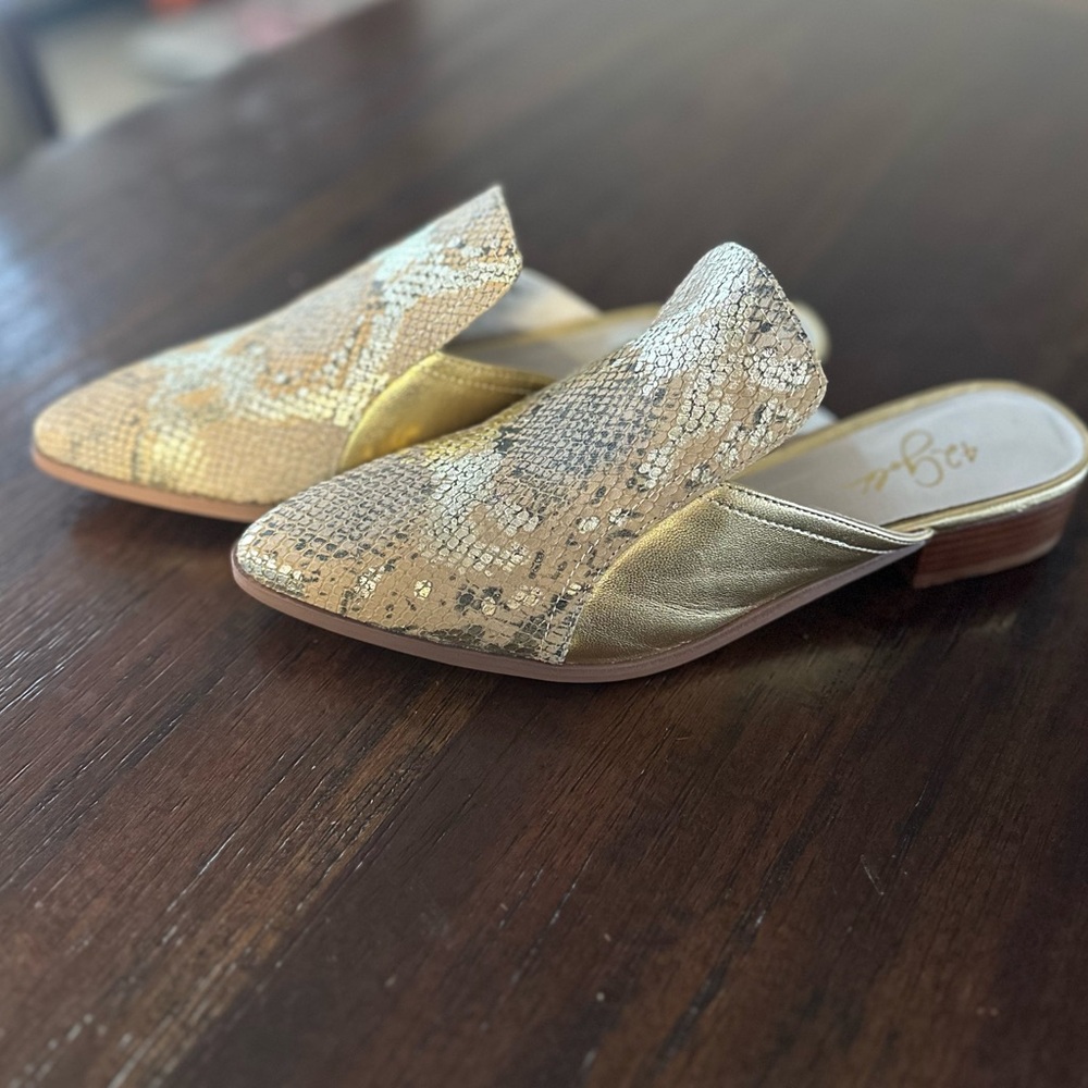 42 Gold Rue Leather Loafer Mule Snake Metallic sz 9 - Picture 4 of 7